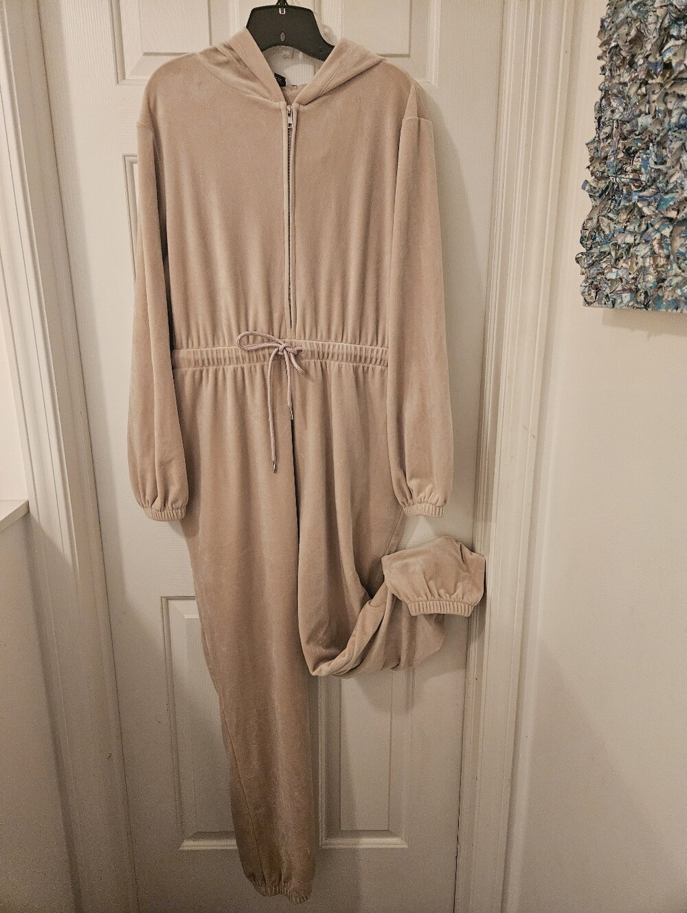 Plush Hooded Jumpsuit Romper in Beige